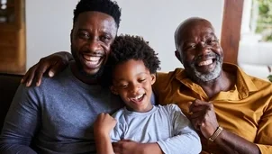 Two adults smiling with a child